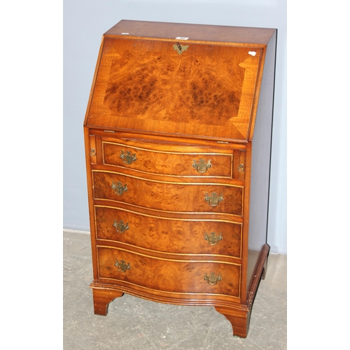 42 - A George III style burr walnut slim bureau with 4 drawers, approx 53cm wide