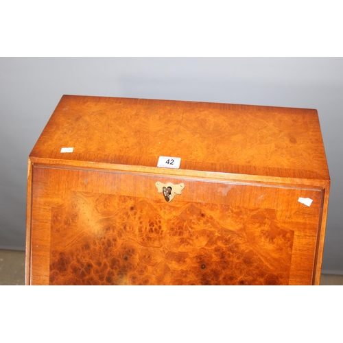 42 - A George III style burr walnut slim bureau with 4 drawers, approx 53cm wide