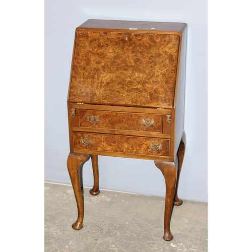 45 - A Queen Anne style burr walnut slim bureau with 2 drawers, approx 53cm wide