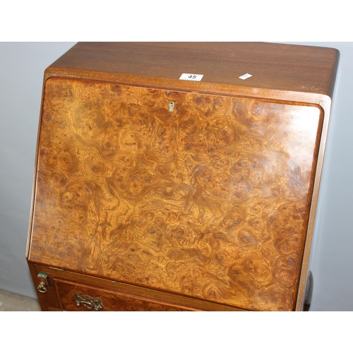 45 - A Queen Anne style burr walnut slim bureau with 2 drawers, approx 53cm wide