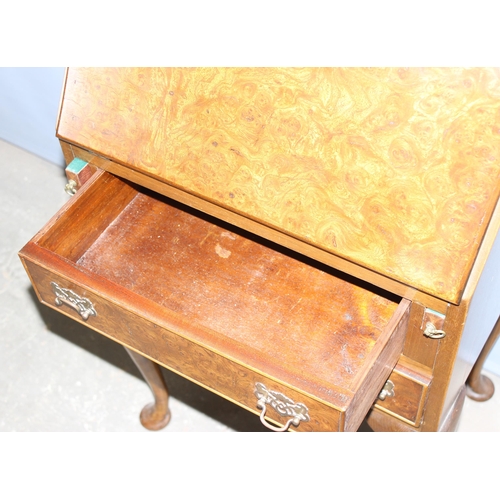 45 - A Queen Anne style burr walnut slim bureau with 2 drawers, approx 53cm wide