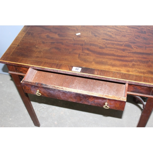 50 - An antique walnut console table with singled drawer and brass drop handles, approx 77cm wide