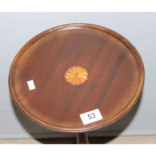 53 - A 19th century mahogany wine table with Sheraton style inlay, approx 28cm in diameter