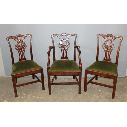 55 - A set of 3 Georgian Chippendale style dining chairs with well carved backs, 2 dining and a carver ch... 