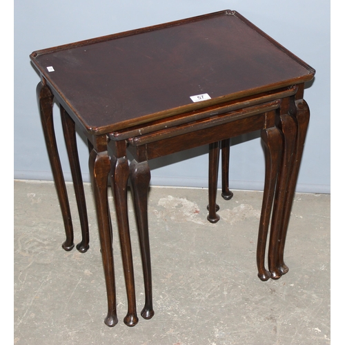 57 - A vintage nest of 3 mahogany tables with cabriole legs, the largest approx 52cm wide