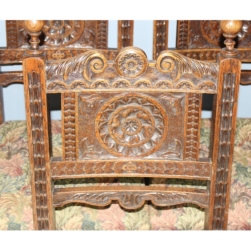 65 - A set of 5 19th century Carolean style oak chairs, 4 dining and one high backed carver with profusel... 