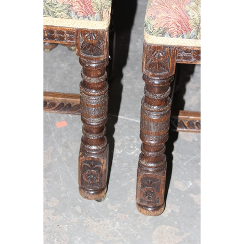 65 - A set of 5 19th century Carolean style oak chairs, 4 dining and one high backed carver with profusel... 