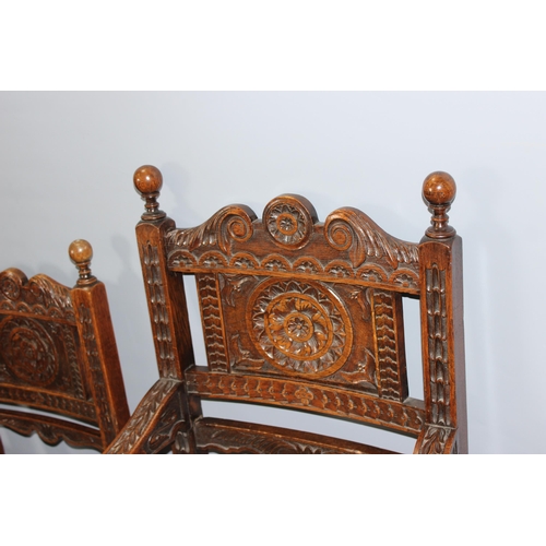 65 - A set of 5 19th century Carolean style oak chairs, 4 dining and one high backed carver with profusel... 