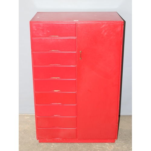 7 - A retro red painted small 9 drawer gentleman's wardrobe or dressing chest, seemingly unmarked, appro... 