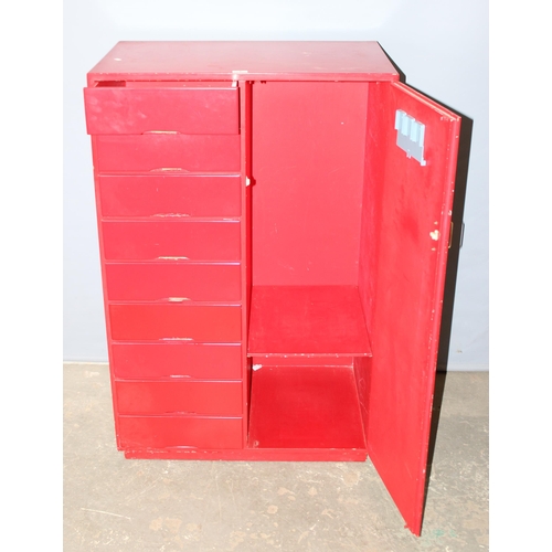 7 - A retro red painted small 9 drawer gentleman's wardrobe or dressing chest, seemingly unmarked, appro... 