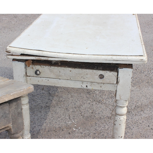 108 - 2 antique pine kitchen tables with drawers, both for restoration, the largest approx 125cm x 88cm