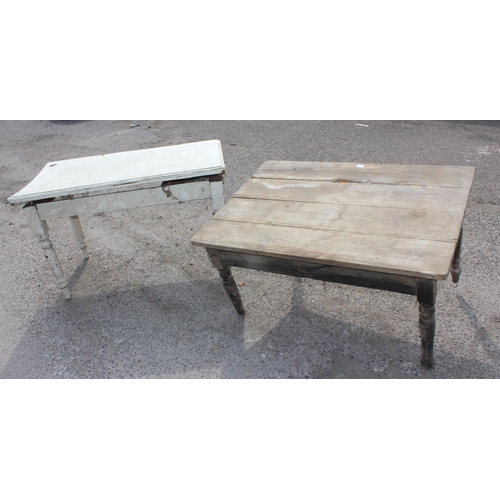 108 - 2 antique pine kitchen tables with drawers, both for restoration, the largest approx 125cm x 88cm