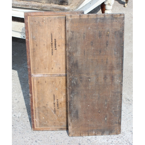 111 - 2 antique wooden printers trays, one marked Wicks Type Foundry, London, each approx 83cm x 36cm