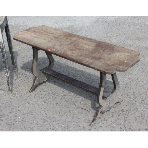 114 - 3 antique tables, 2 pine and one mahogany with lyre ends, the largest approx 114cm x 45cm