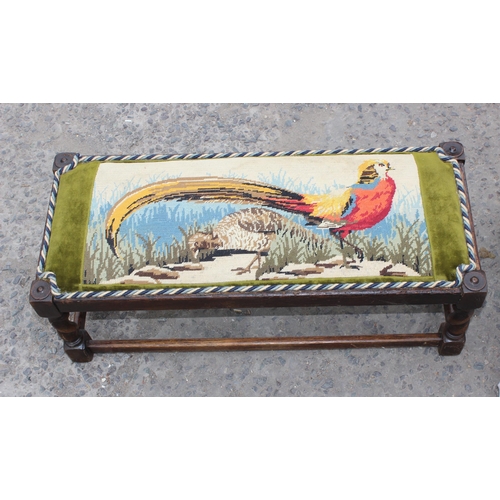 123 - A long low upholstered barleytwist footstool with Pheasant embroidery and a floral covered low chair... 