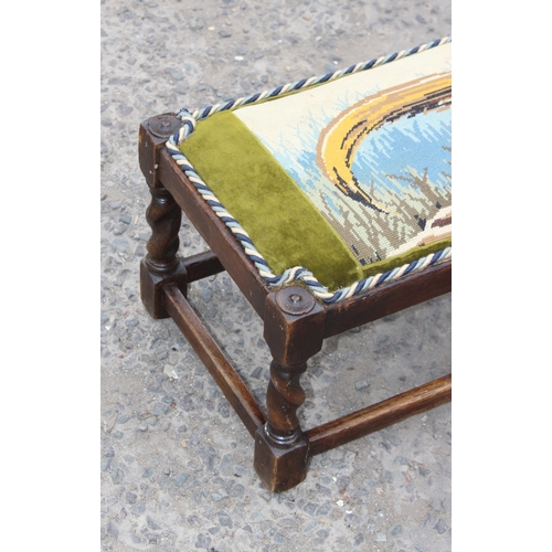 123 - A long low upholstered barleytwist footstool with Pheasant embroidery and a floral covered low chair... 