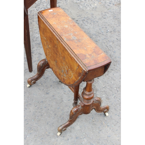 125 - An antique mahogany Pembroke table with Sheraton inlay and an antique walnut inlaid Sutherland table... 