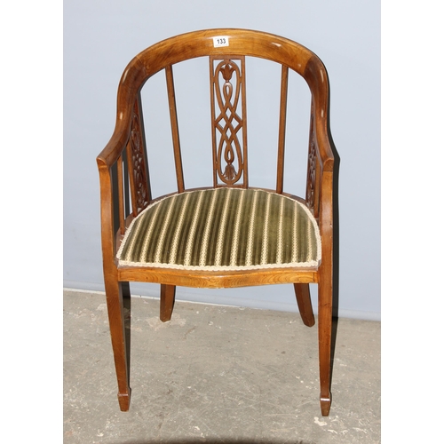 133 - 3 assorted antique chairs to inc a nice 19th century inlaid horseshoe chair with fretwork back (3)