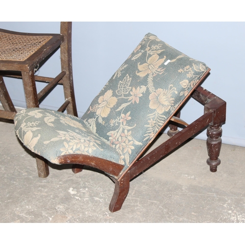 138 - A vintage upholstered gout stool, a vintage small Bergere seated stool and a retro bamboo effect 2 t... 