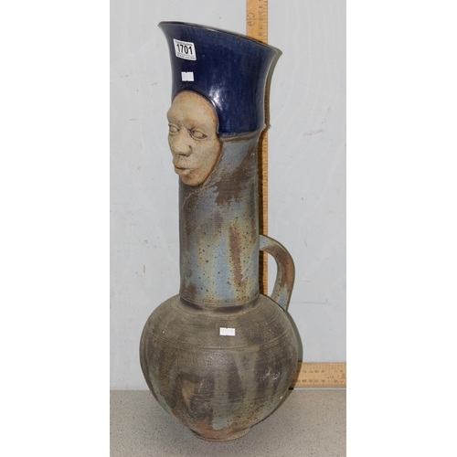 1701 - Chris Bramble, a rare large contemporary Studio pottery jug or ewer depicting a face, approx 60cm ta... 