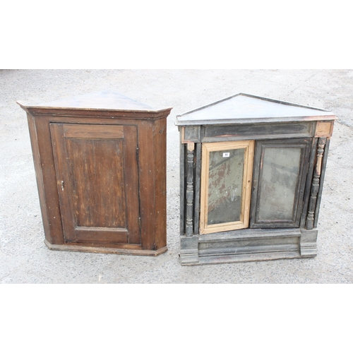 93 - 2 antique pine corner units, both with stained finish, one with glazed doors, largest approx 87cm wi... 