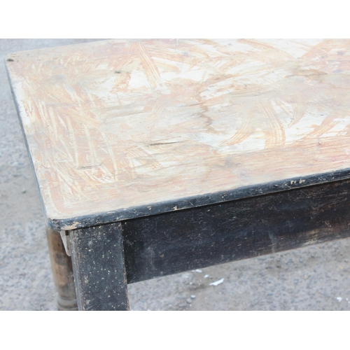 94 - An antique painted pine farmhouse kitchen table with single drawer on turned legs, approx 115cm by 7... 