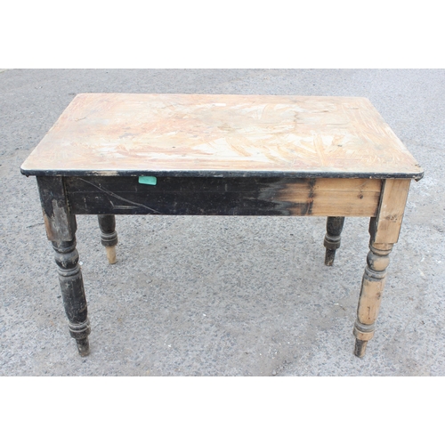 94 - An antique painted pine farmhouse kitchen table with single drawer on turned legs, approx 115cm by 7... 