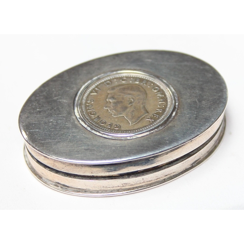 1015 - Asprey & Co small silver pill box set with a 1937 silver 3d coin, marked for London 1939, approx 40m... 