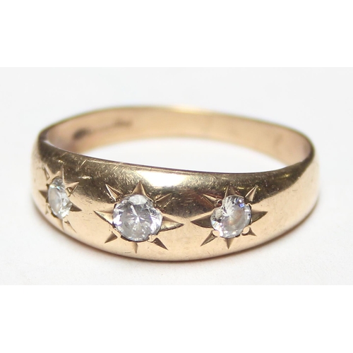 1101 - A vintage 9ct gold gypsy set 3 stone diamond ring, hallmarks rubbed but XRF tests as 9ct gold, appro... 