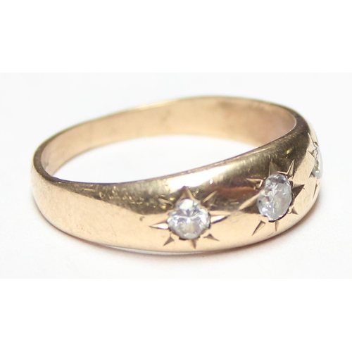 1101 - A vintage 9ct gold gypsy set 3 stone diamond ring, hallmarks rubbed but XRF tests as 9ct gold, appro... 