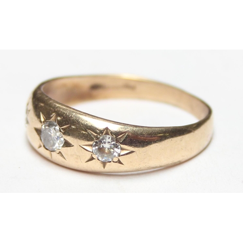 1101 - A vintage 9ct gold gypsy set 3 stone diamond ring, hallmarks rubbed but XRF tests as 9ct gold, appro... 