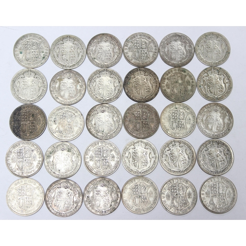 1211 - 30 assorted George V silver half crown coins, mixed dates 1920-36, approx 410.31g gross