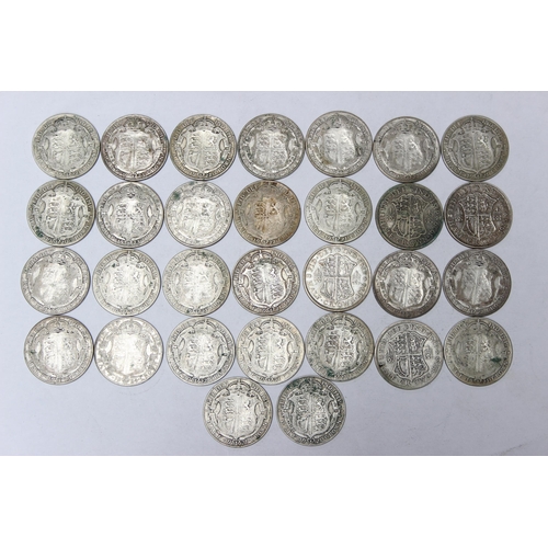 1213 - 30 assorted George V silver half crown coins, mixed dates 1920-36, approx 410.56g gross