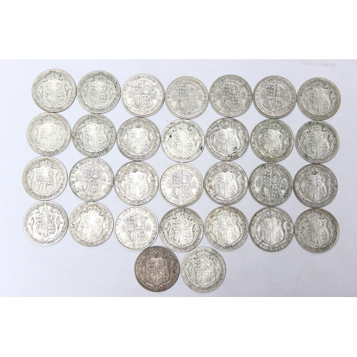 1215 - 30 assorted George V silver half crown coins, mixed dates 1920-36, approx 411.44g gross