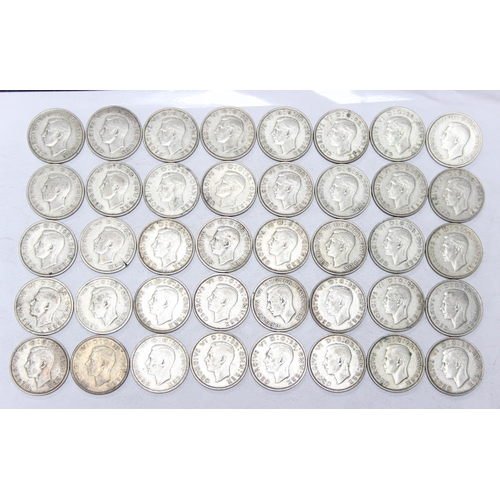 1244 - 40 assorted George VI silver florin coins, mixed dates 1937-46, approx 446.91 gross