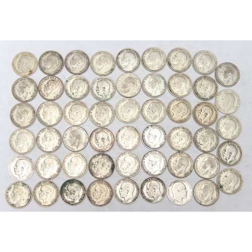 1258 - 53 assorted George V silver shilling coins, mixed dates mainly 1920-36 but to include 3 pre 1920 ful... 