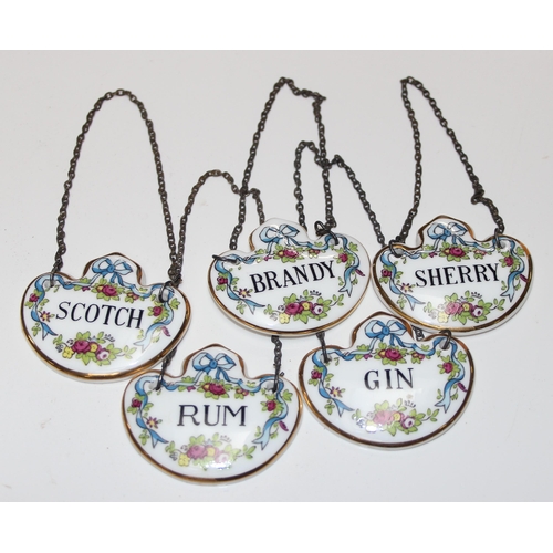 1603 - 5 Coalport porcelain decanter labels, Rum, Gin, Scotch, Sherry & Brandy