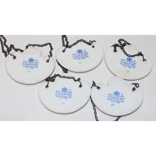 1603 - 5 Coalport porcelain decanter labels, Rum, Gin, Scotch, Sherry & Brandy