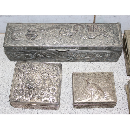 1025 - Qty of early 20th century antimony jewellery boxes with decorative designs, likely Japanese (13)