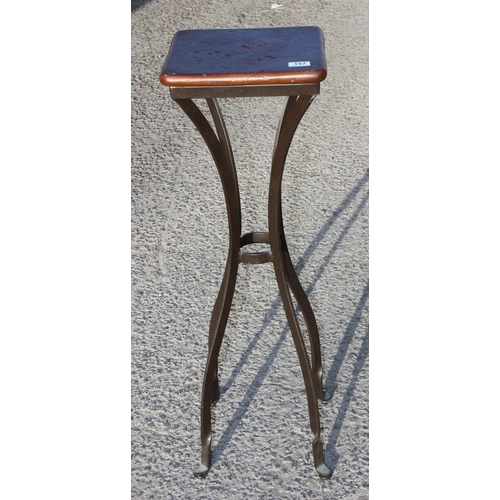 157 - Wrought iron jardinière stand with wooden parquet style wooden top, approx 92cm tall