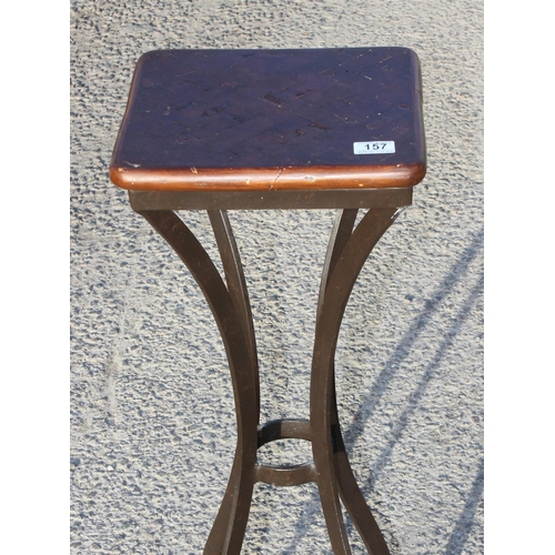 157 - Wrought iron jardinière stand with wooden parquet style wooden top, approx 92cm tall