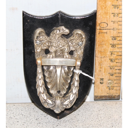 1620 - Silver plated vintage American eagle door knocker on black wooden
shield shaped back plate