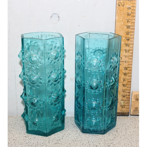 1627 - Pair of mid-century Frank Thrower for Dartington Glass blue 'Nipple' vases, approx 15cm high