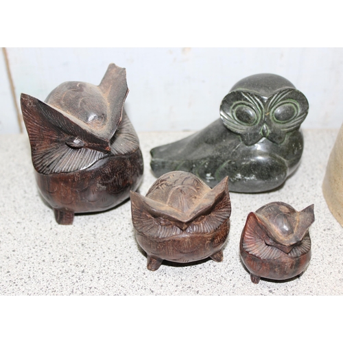 1747 - Pottery owl design lamp, carved soapstone owl and wooden owl ornaments (5)