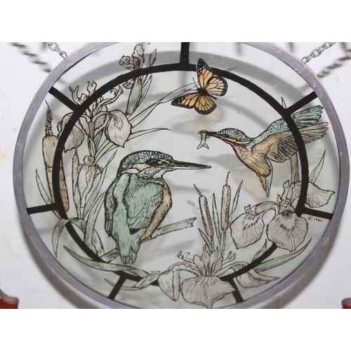 1774 - Chinese hardwood table screen with round coloured glass window decorated with kingfishers