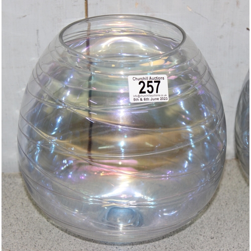 257 - Two hand blown Italian clear glass iridescent globe shaped light shades, approx 22cm wide