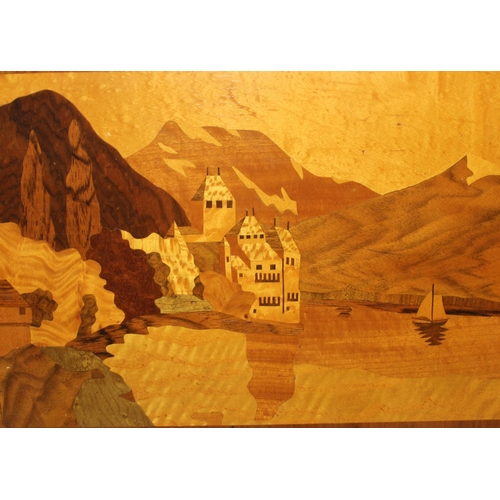 437 - 6 vintage inlaid wooden marquetry landscape scenes, the largest approx 41cm x 31cm