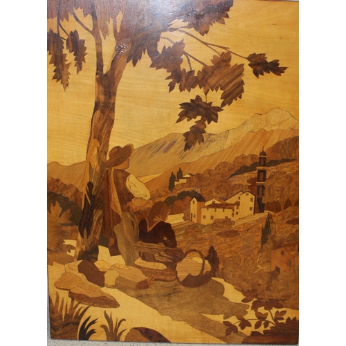 437 - 6 vintage inlaid wooden marquetry landscape scenes, the largest approx 41cm x 31cm