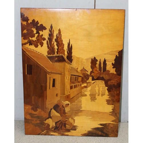 437 - 6 vintage inlaid wooden marquetry landscape scenes, the largest approx 41cm x 31cm