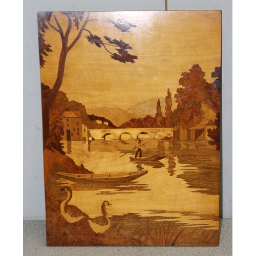 437 - 6 vintage inlaid wooden marquetry landscape scenes, the largest approx 41cm x 31cm